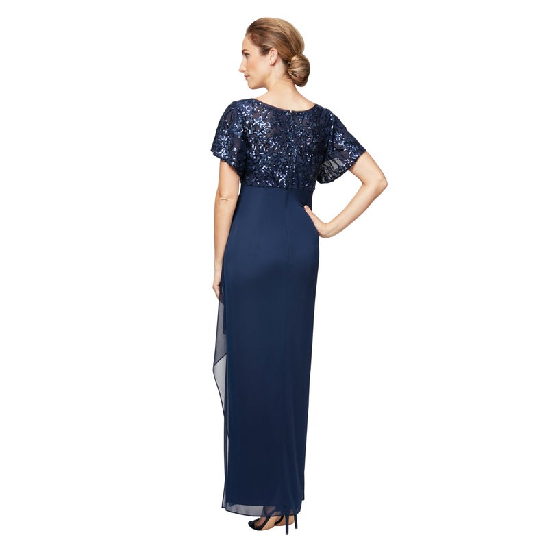 Alex Evenings Women's Stretch Sequin Bodice Empire Waist Long Dress, Navy Flutter Sleeve, 14 - Image 3